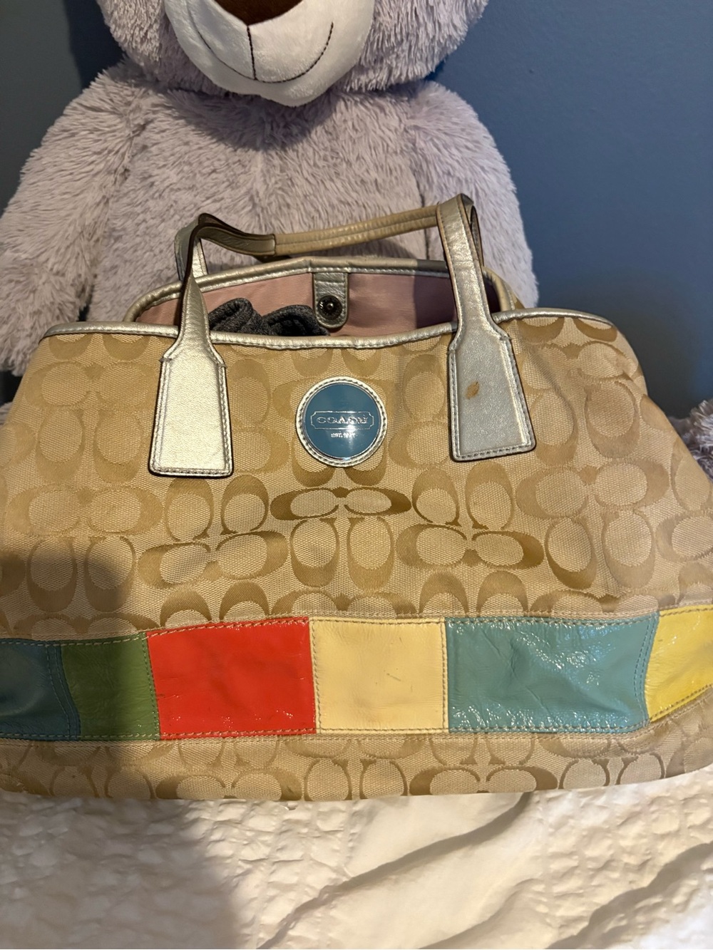 Coach Beige Signature Canvas Tote with Multicolor Patchwork Panels